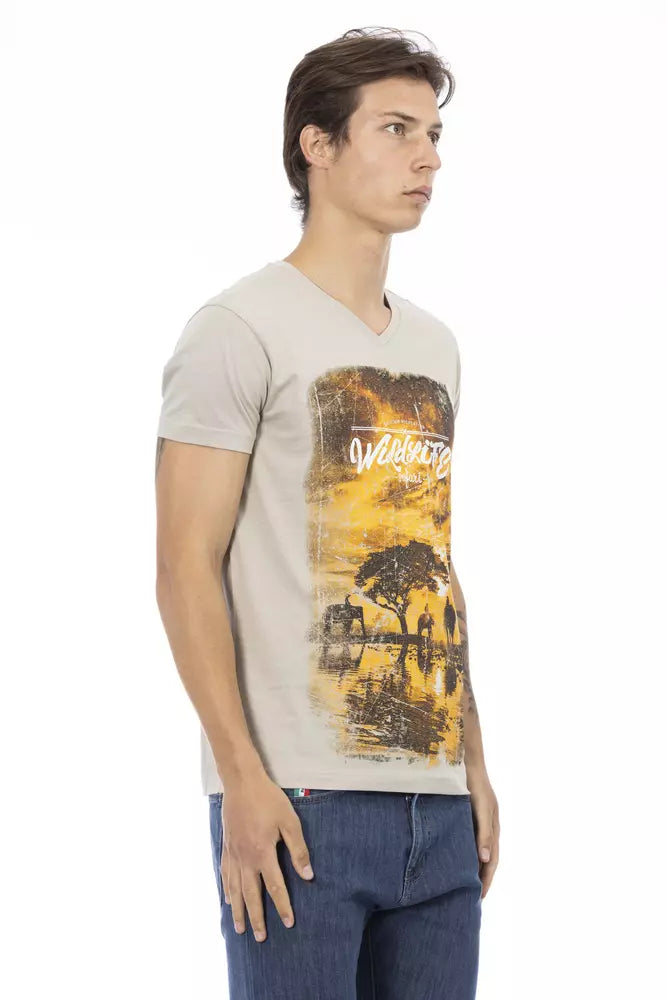 Camiseta Trussardi Action beige con cuello en V y estampado elegante en la parte delantera