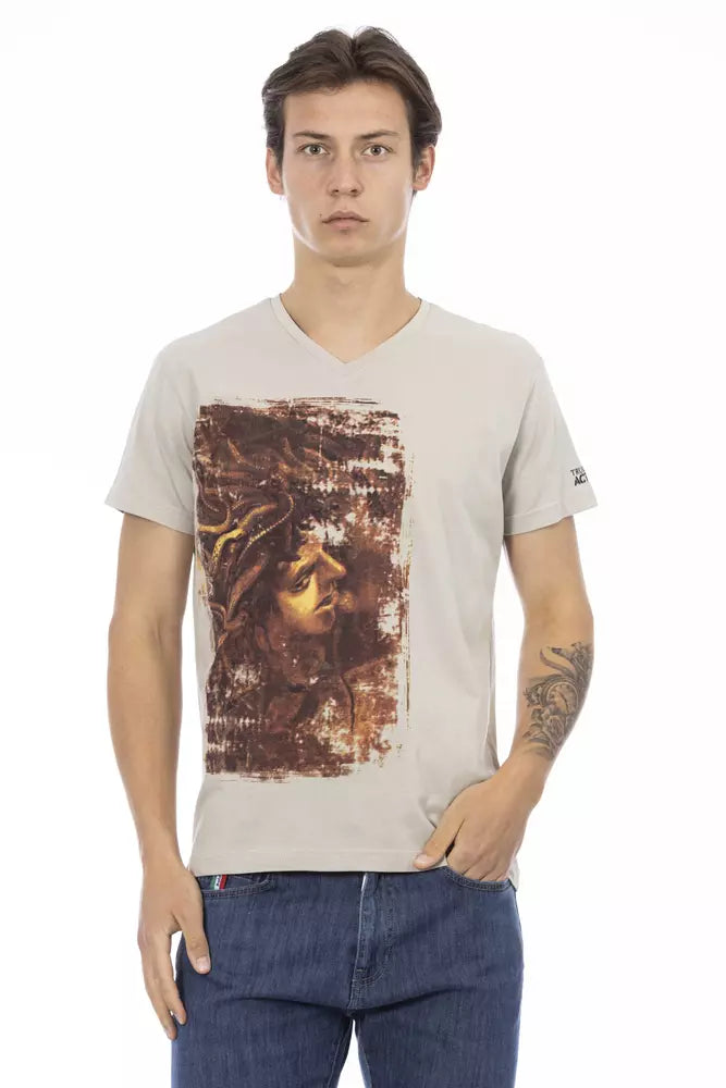 T-shirt beige Trussardi Action à col en V avec imprimé chic sur le devant