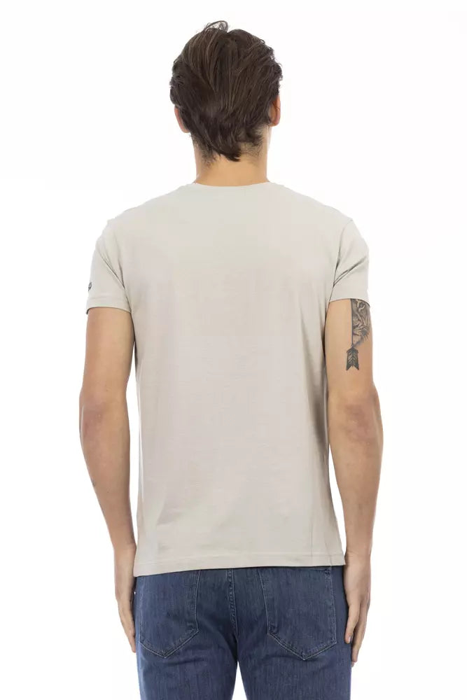 T-shirt Trussardi Action beige à col en V avec imprimé élégant sur le devant