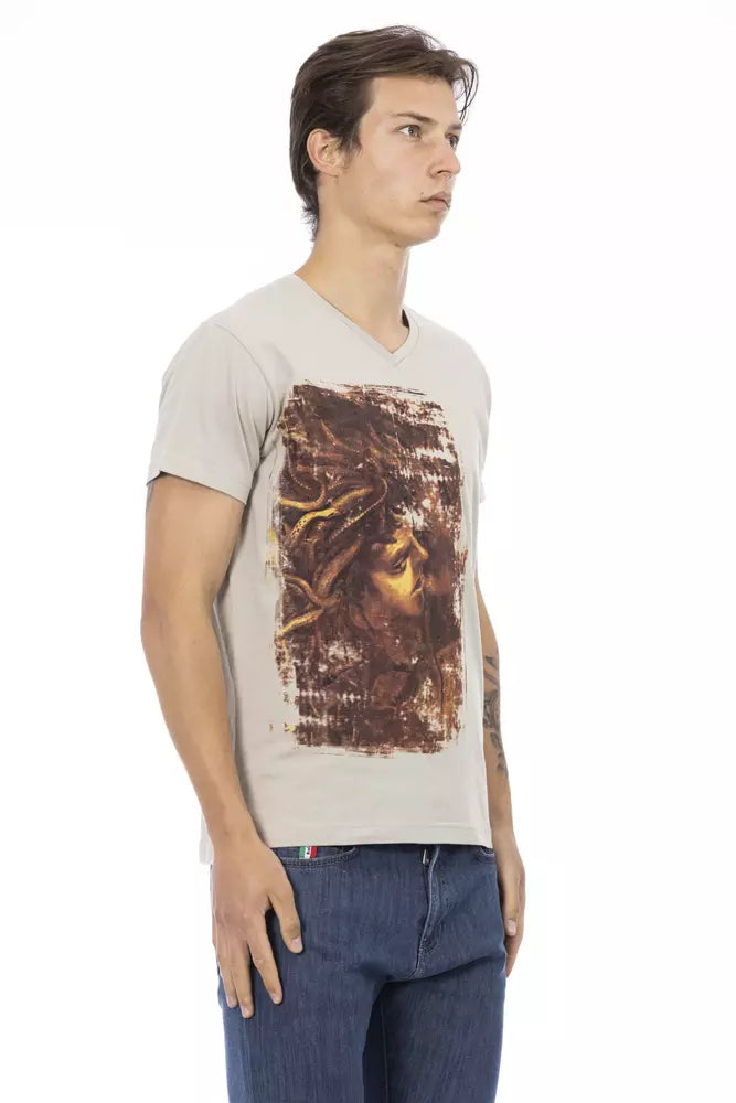 Camiseta Trussardi Action beige con escote en V y estampado elegante en la parte delantera