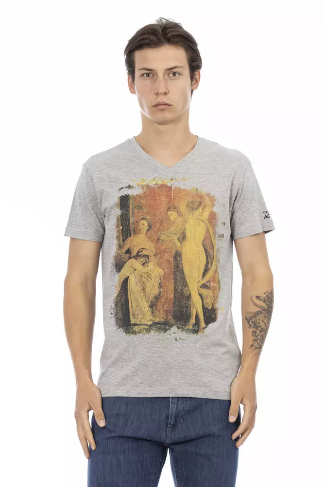 T-shirt gris élégant à col en V avec imprimé sur le devant Trussardi Action