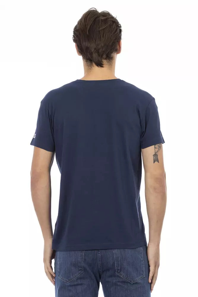 Camiseta Trussardi Action Chic de cuello en V azul con estampado llamativo en el frente