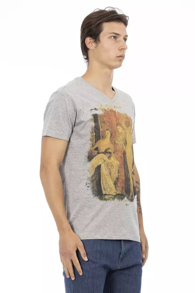 Camiseta elegante con cuello en V y estampado frontal en color gris Trussardi Action