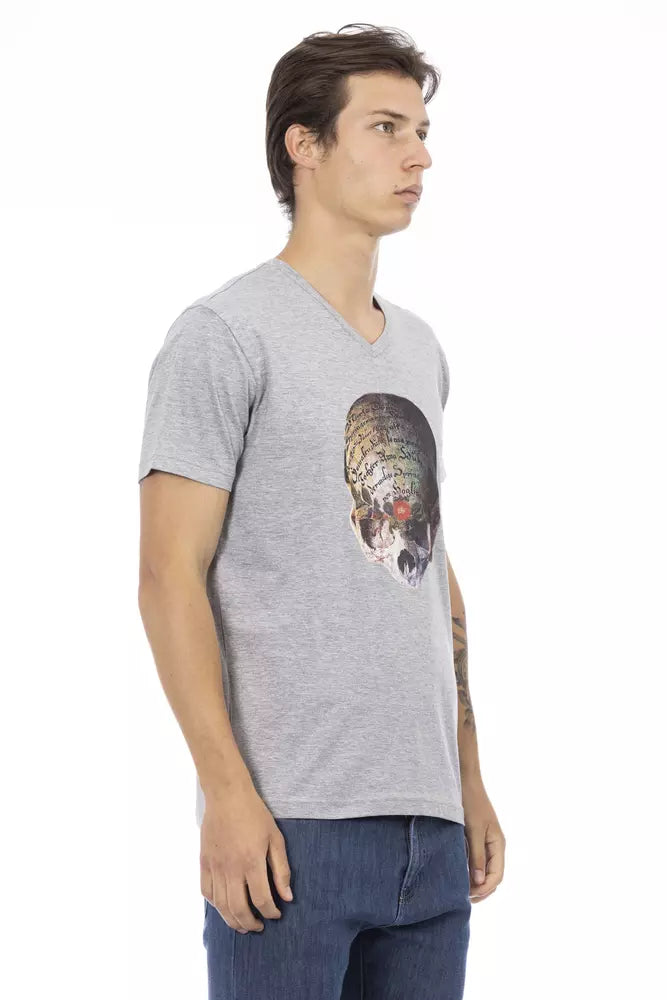 Camiseta de manga corta con cuello en V y estampado frontal Trussardi Action - Gris elegante