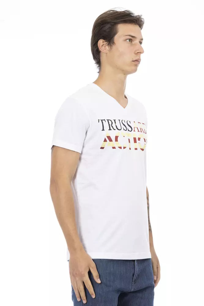 T-shirt élégant à col en V Trussardi Action avec imprimé chic sur le devant