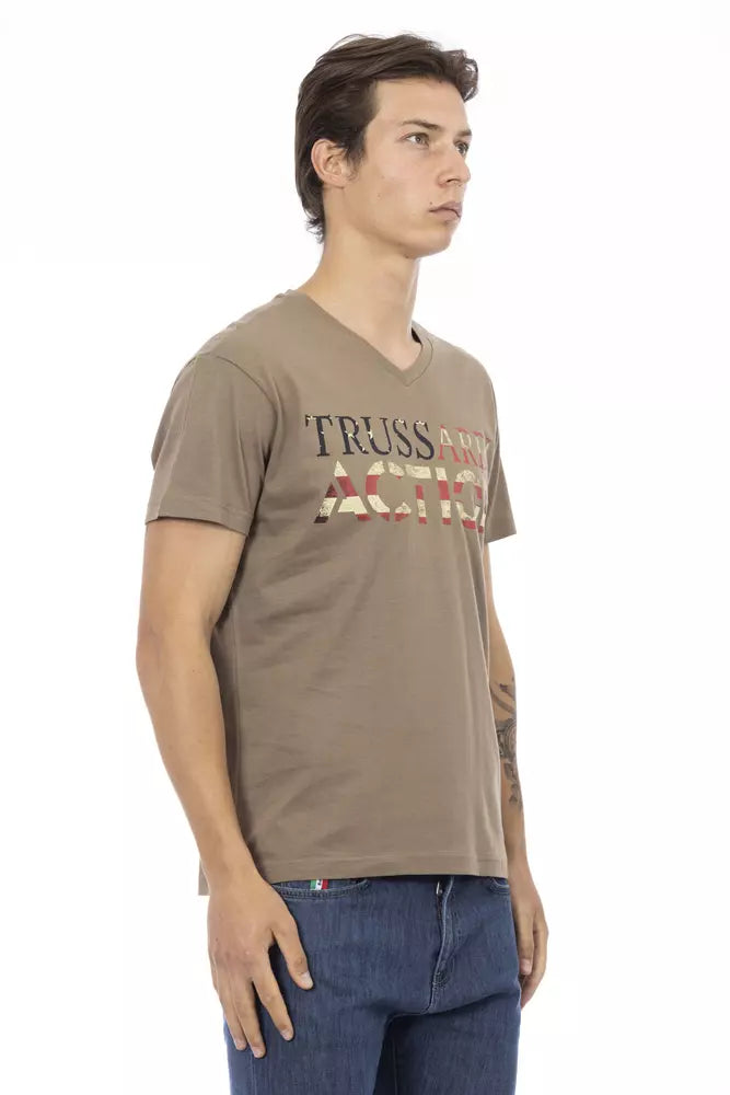 Trussardi Action Brown Cotton Men V-Neck T-Shirt