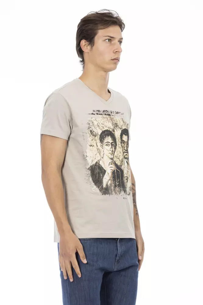 Camiseta Trussardi Action Chic beige con cuello en V y estampado frontal