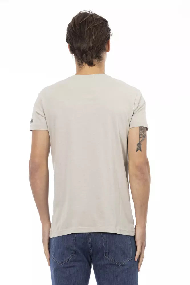 Camiseta Trussardi Action Chic beige con cuello en V y estampado frontal