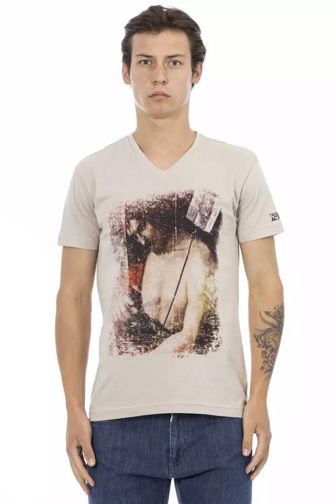 Camiseta Trussardi Action beige con cuello en V y estampado frontal