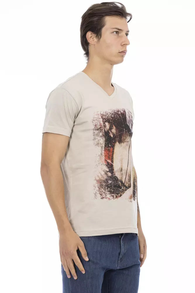 T-shirt beige à col en V Trussardi Action avec imprimé sur le devant