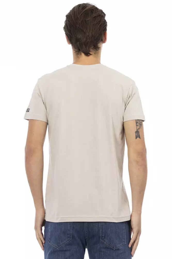 Camiseta Trussardi Action beige con cuello en V y estampado frontal