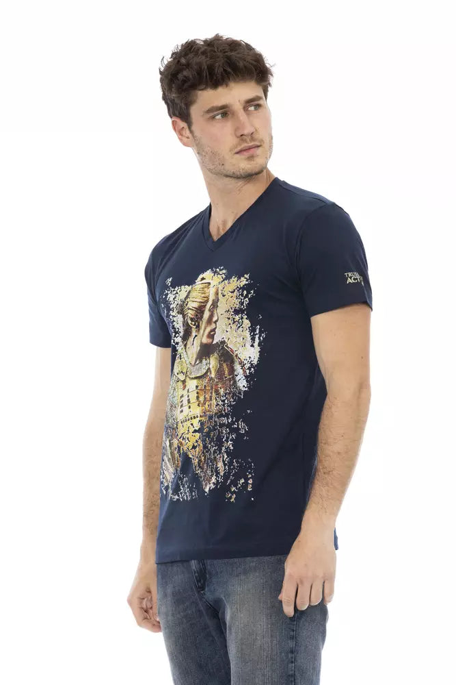 Camiseta Trussardi Action Chic azul con cuello en V y estampado elegante en el frente