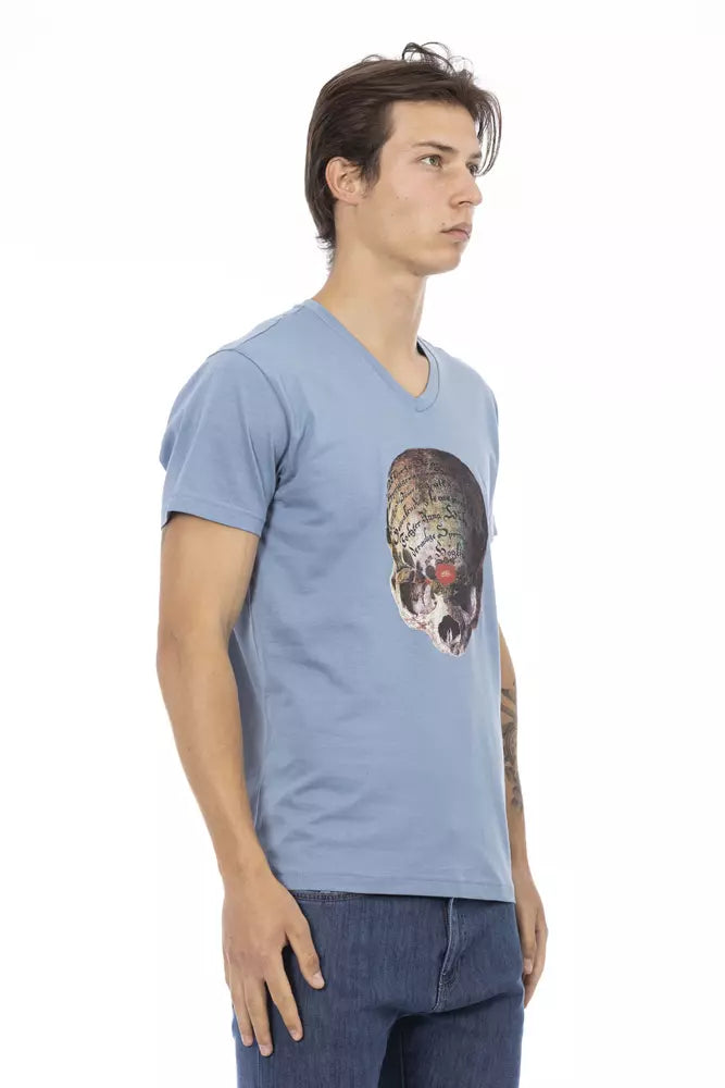 T-shirt bleu clair à col en V avec imprimé sur le devant Trussardi Action Chic