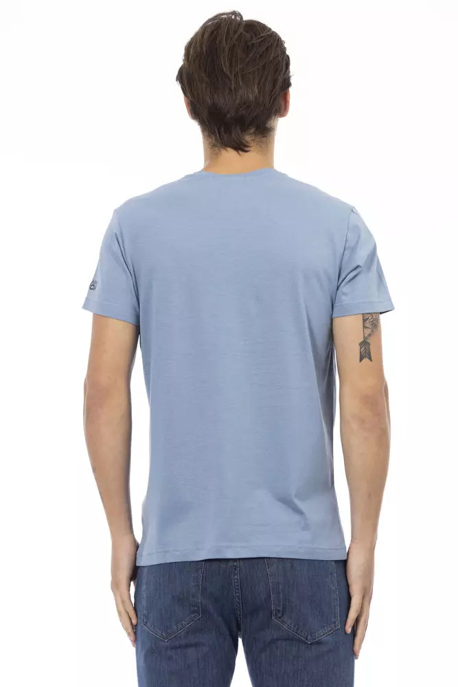 Camiseta Trussardi Action Chic azul claro con cuello en V y estampado frontal