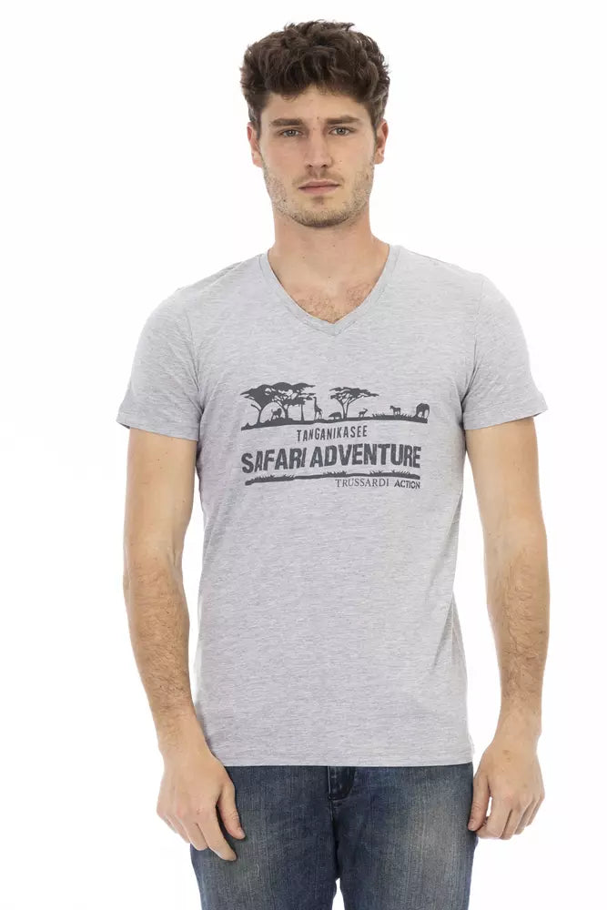 T-shirt à col en V Trussardi Action Chic avec imprimé sur le devant en gris