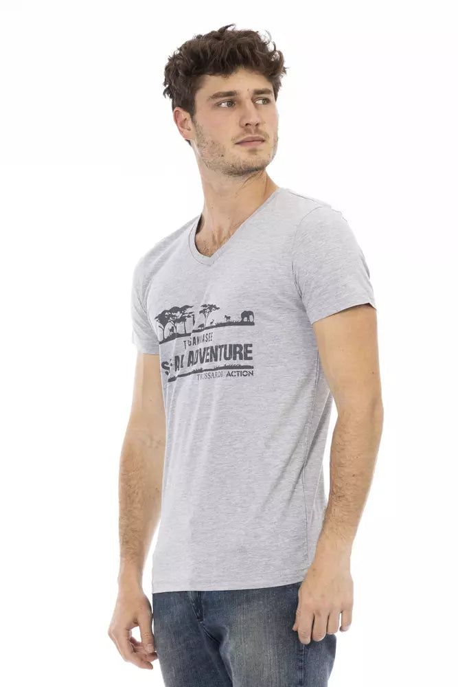 T-shirt à col en V Trussardi Action Chic avec imprimé sur le devant en gris