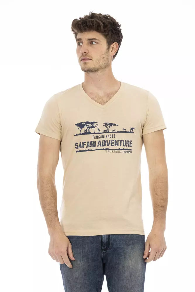 T-shirt Trussardi Action beige à col en V avec imprimé élégant sur le devant