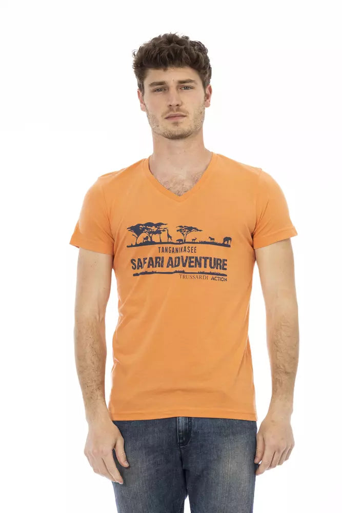 T-shirt Trussardi Action Orange à col en V avec imprimé sur le devant