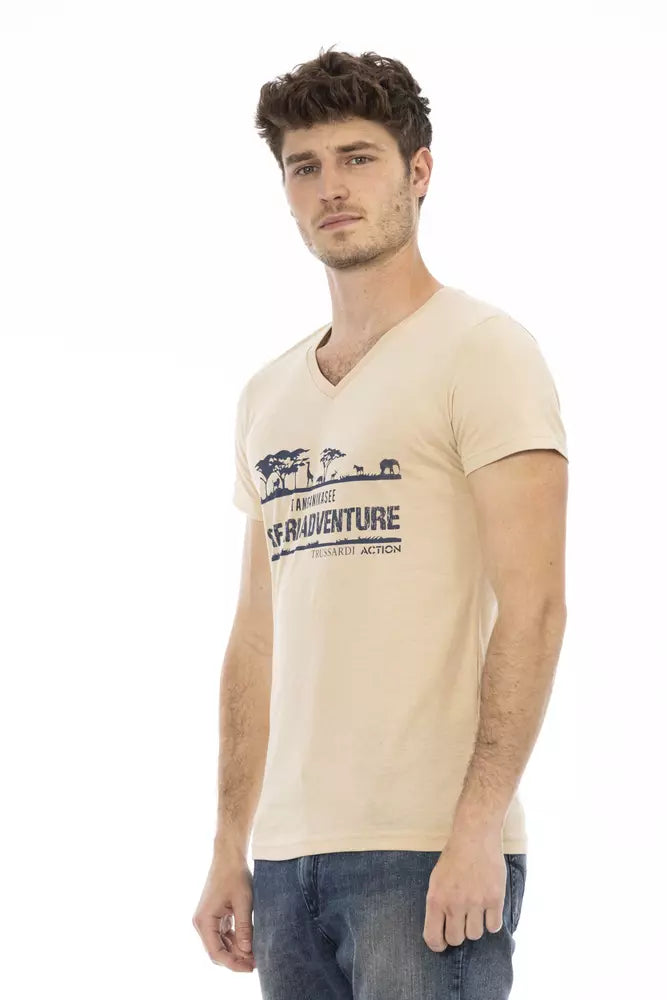 Camiseta Trussardi Action beige con cuello en V y estampado elegante en la parte delantera