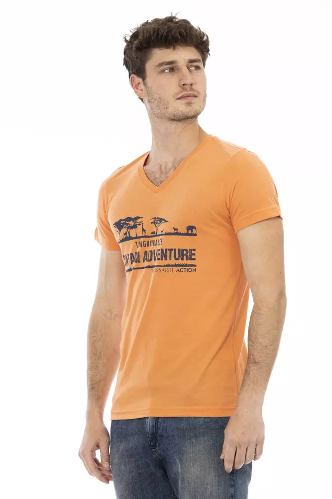 T-shirt Trussardi Action Orange à col en V avec imprimé sur le devant