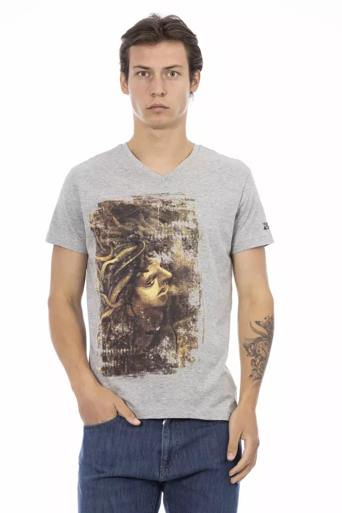 T-shirt gris à col en V Trussardi Action Chic avec imprimé élégant sur le devant