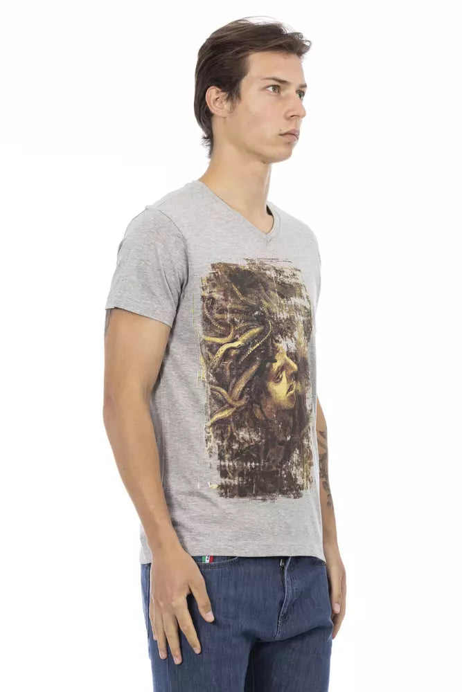 T-shirt gris à col en V Trussardi Action Chic avec imprimé élégant sur le devant