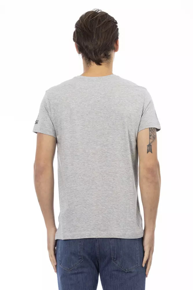 T-shirt gris à col en V Trussardi Action Chic avec imprimé élégant sur le devant