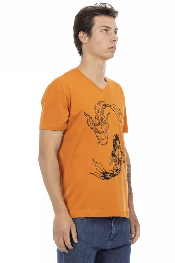 T-shirt à col en V Trussardi Action Vibrant Orange avec imprimé élégant