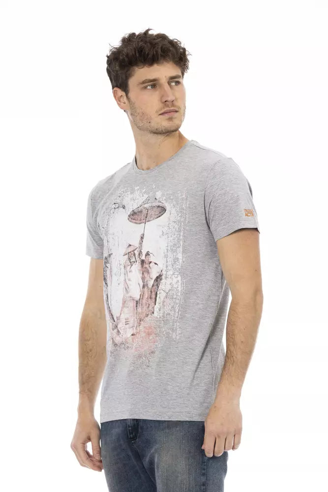 T-shirt Trussardi Action Chic en coton mélangé gris avec imprimé artistique sur le devant