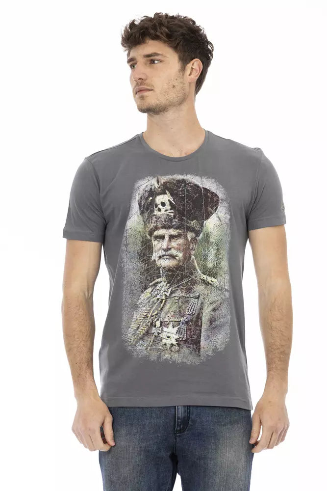 T-shirt gris élégant à col rond avec imprimé sur le devant Trussardi Action