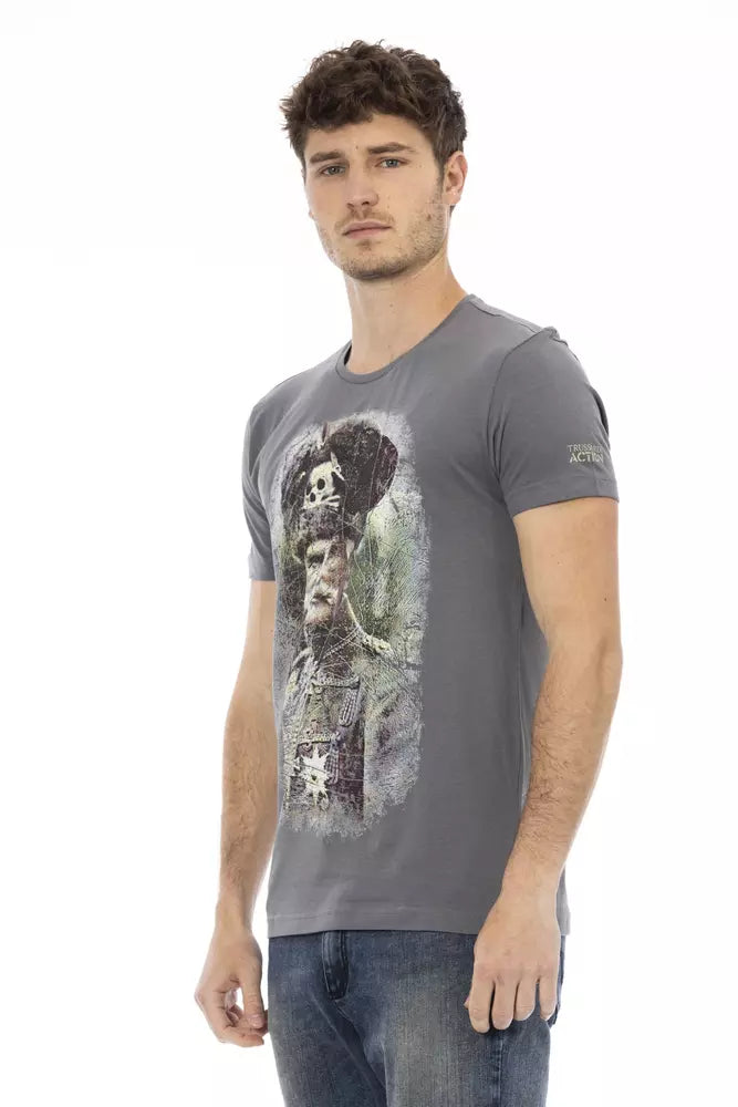 Elegante camiseta gris de cuello redondo con estampado frontal Trussardi Action