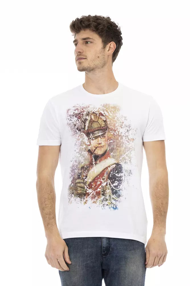 Camiseta elegante de mezcla de algodón blanca con gráfico en el frente Trussardi Action