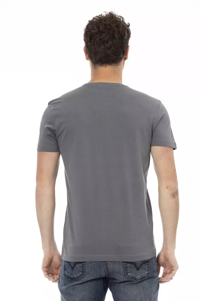 Elegante camiseta gris de cuello redondo con estampado frontal Trussardi Action