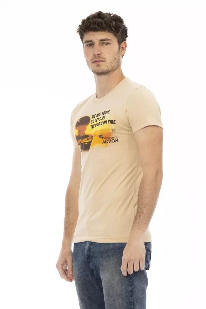 Camiseta de manga corta Trussardi Action Elevated beige con estampado elegante en la parte delantera