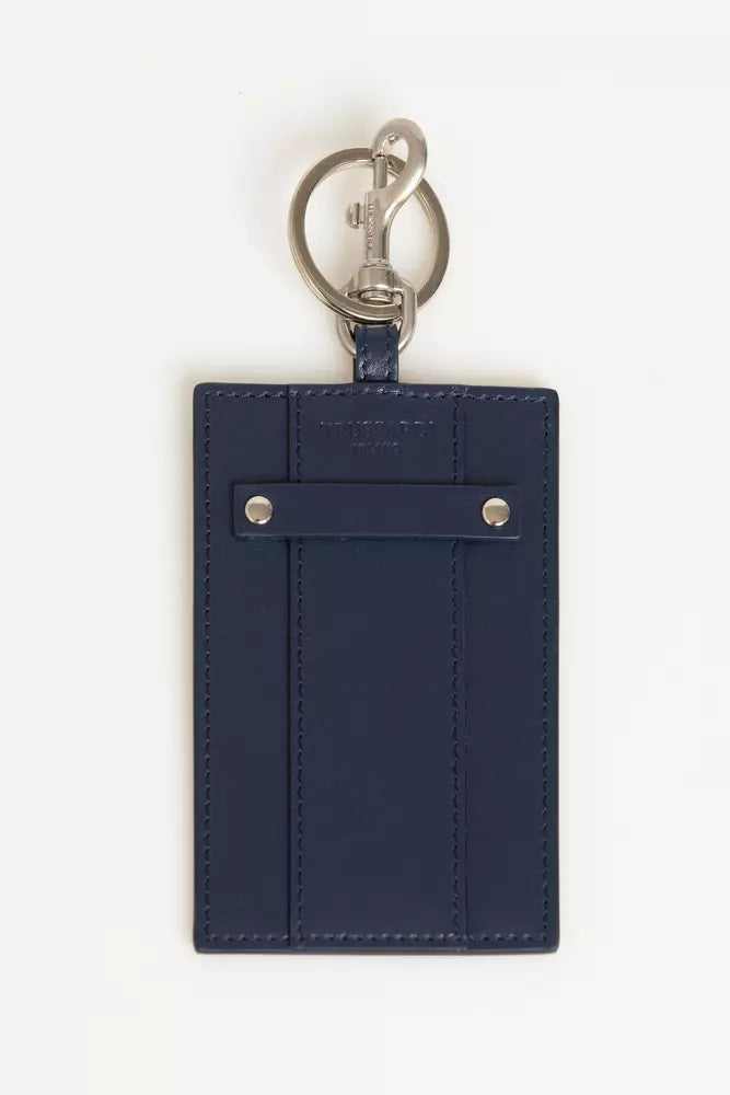 Porta credencial elegante de cuero azul Trussardi con llavero