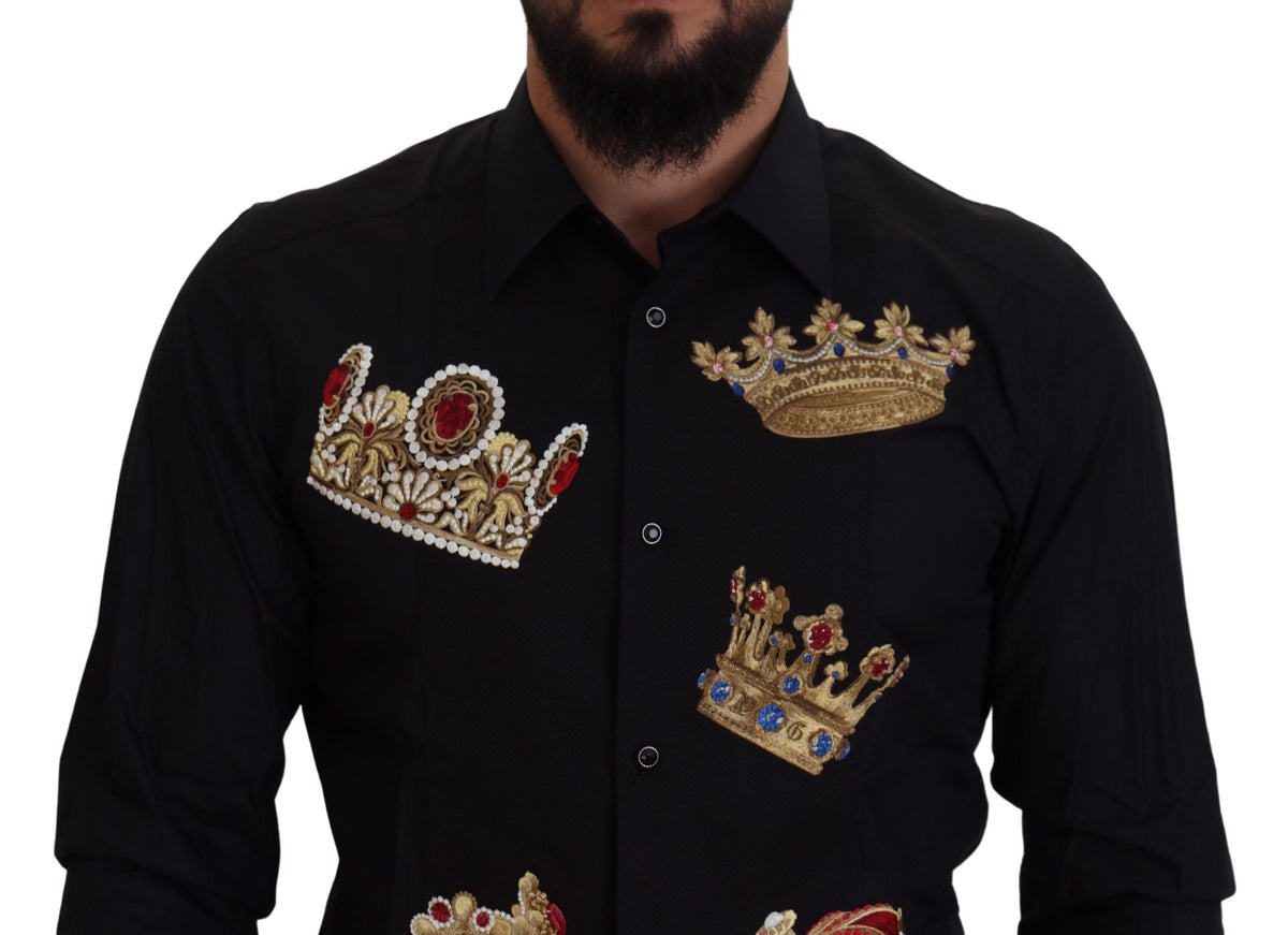 Chemise habillée slim noire élégante Dolce &amp; Gabbana avec broderie couronne