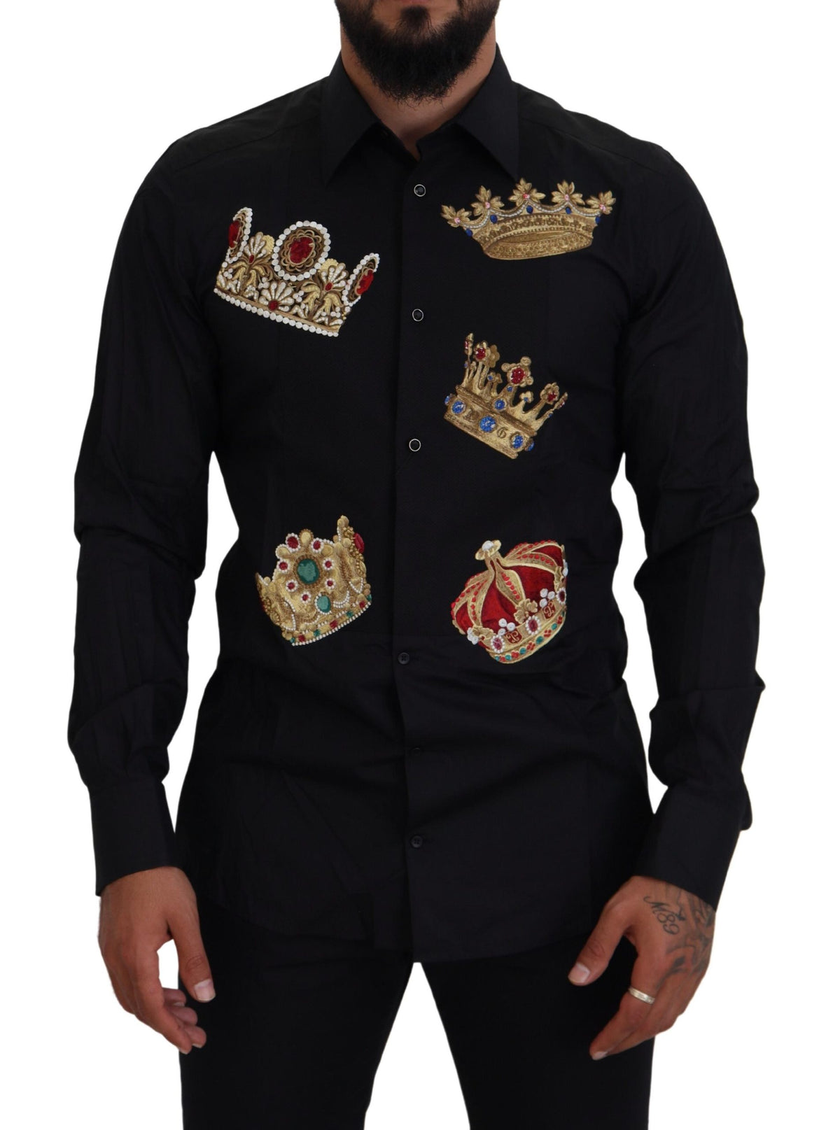 Camisa elegante de vestir entallada negra con bordado de corona de Dolce &amp; Gabbana