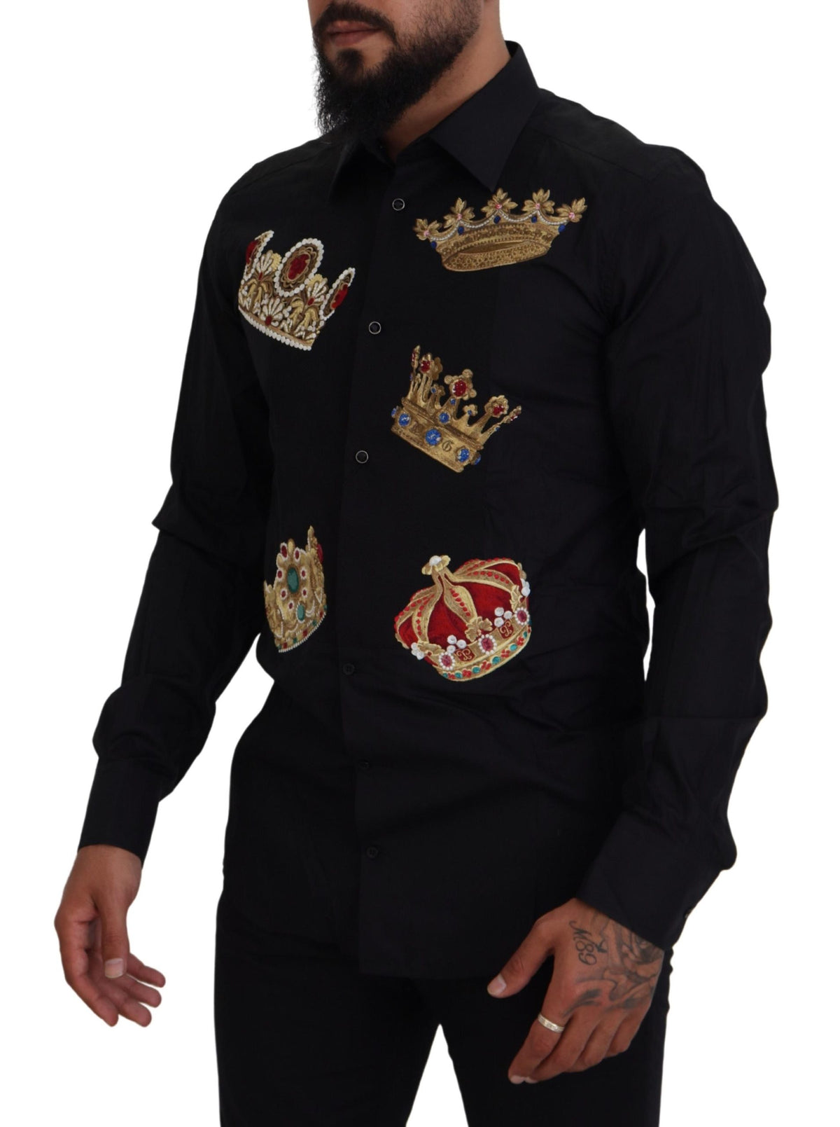 Chemise habillée slim noire élégante Dolce &amp; Gabbana avec broderie couronne