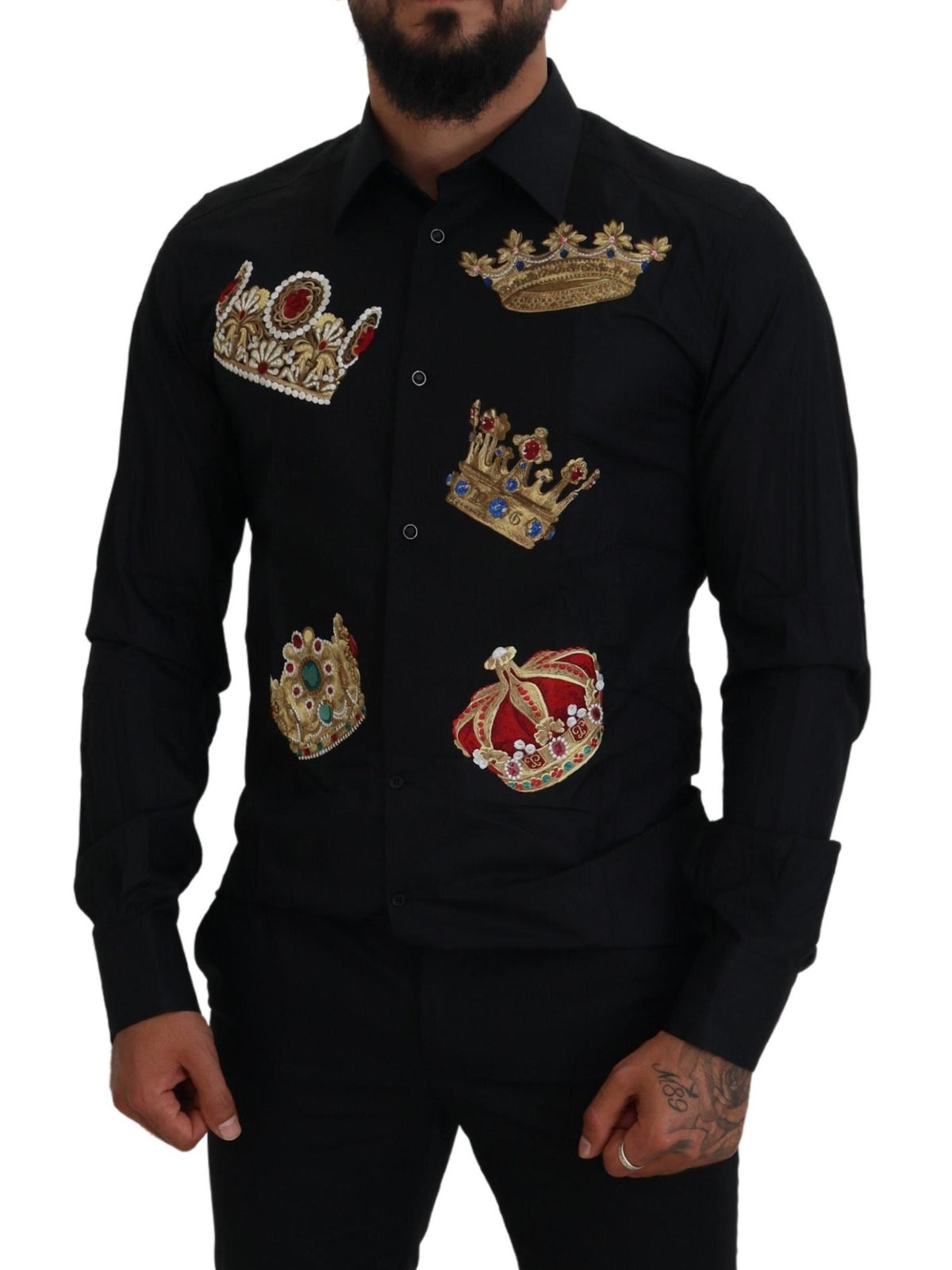 Camisa elegante de vestir entallada negra con bordado de corona de Dolce &amp; Gabbana