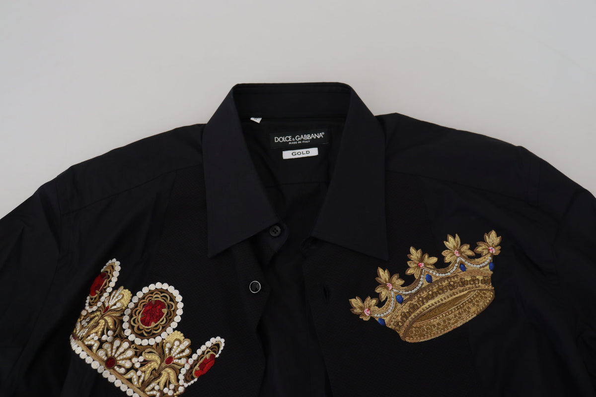 Chemise habillée slim noire élégante Dolce &amp; Gabbana avec broderie couronne