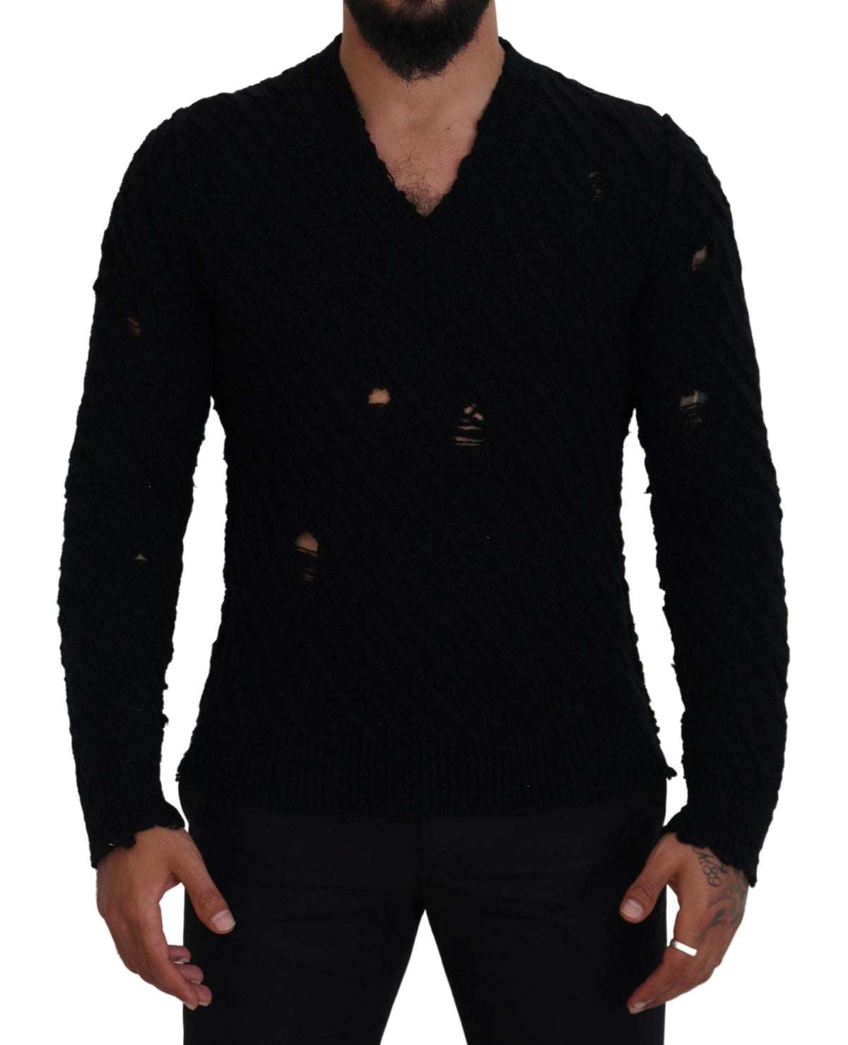 Pull col V élégant en laine mélangée noire Dolce &amp; Gabbana