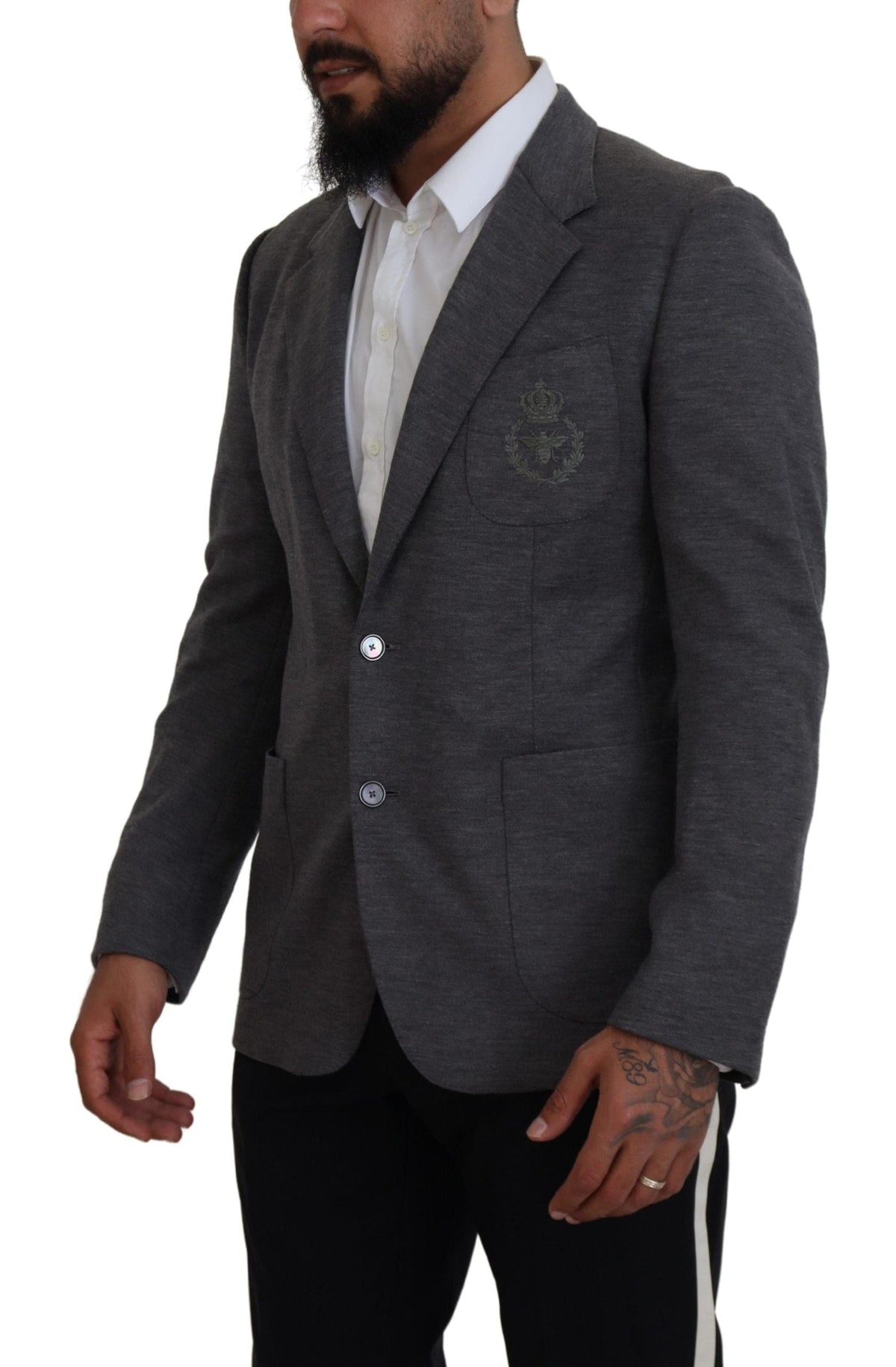 Blazer elegante de lana gris con corona de abeja bordada de Dolce &amp; Gabbana