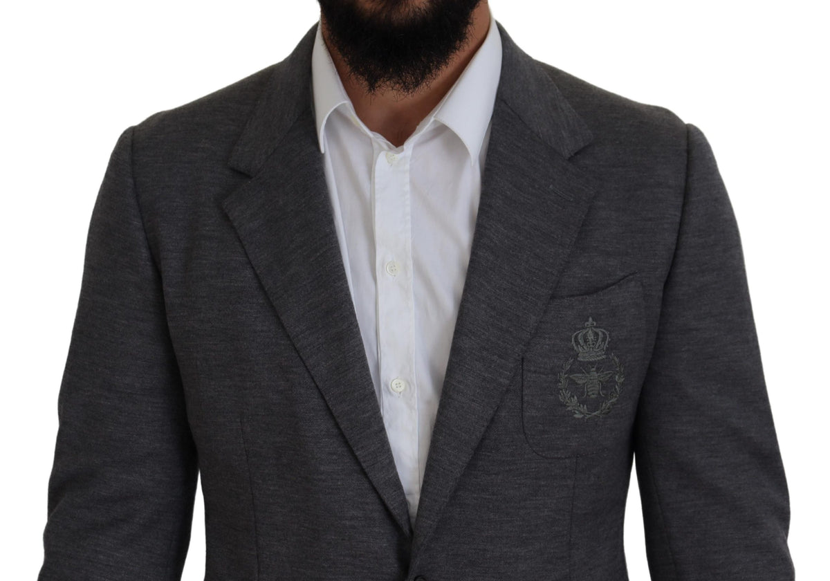 Blazer élégant en laine grise Dolce &amp; Gabbana avec broderie couronne d'abeilles