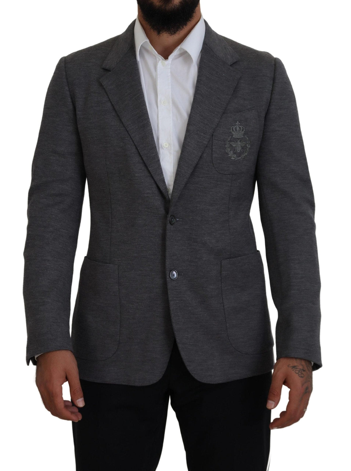 Blazer elegante de lana gris con corona de abeja bordada de Dolce &amp; Gabbana