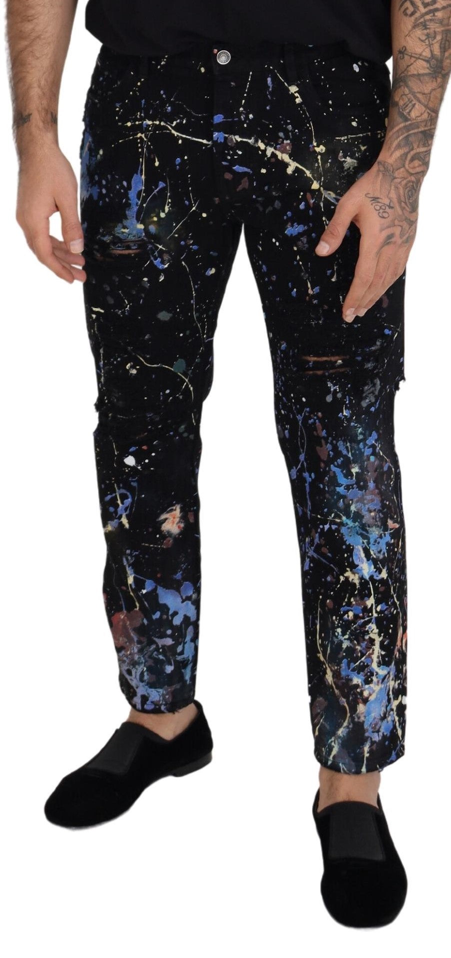 Pantalon en denim à imprimé splash de couleur exquis de Dolce &amp; Gabbana