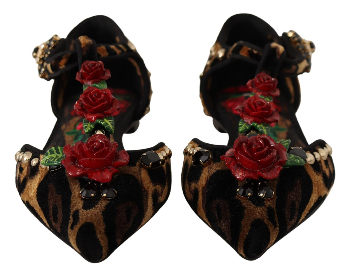 Sandalias con tiras en T y estampado de leopardo con adornos florales de Dolce &amp; Gabbana