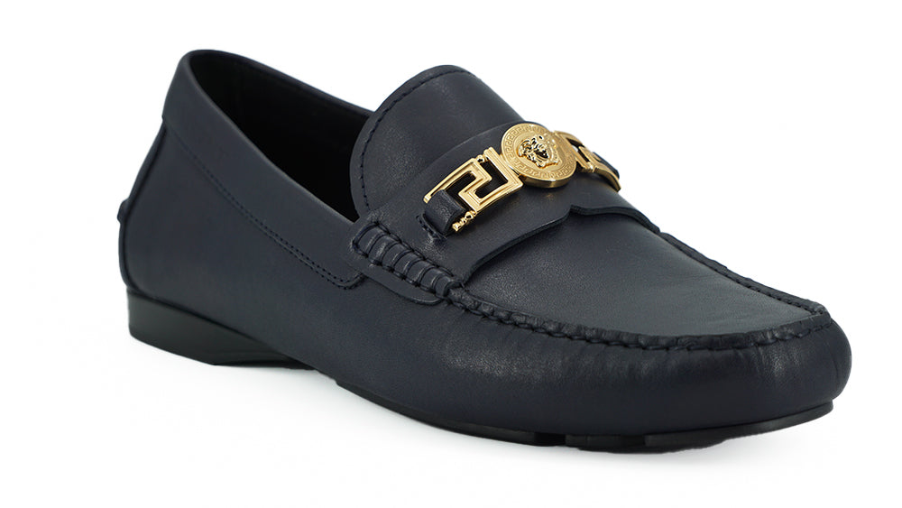 Mocassins Versace élégants en cuir de veau bleu marine