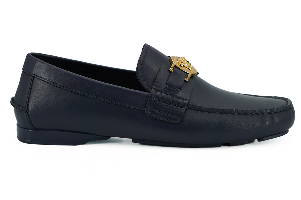 Mocassins Versace élégants en cuir de veau bleu marine