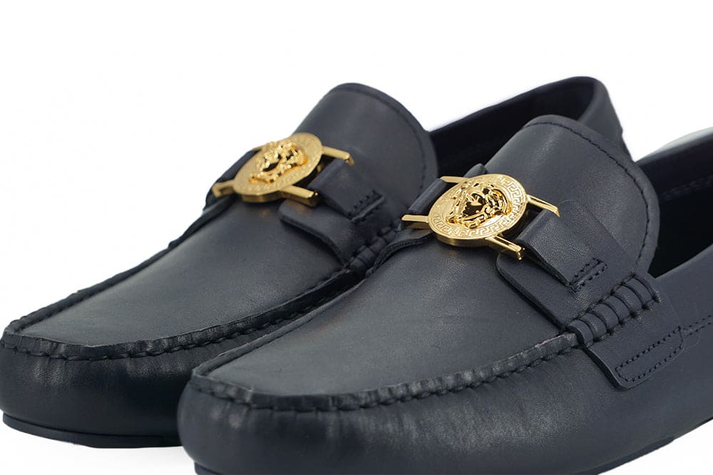 Mocassins Versace élégants en cuir de veau bleu marine