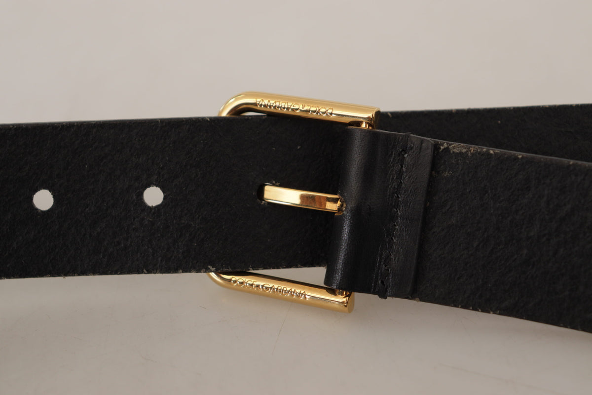 Ceinture élégante en cuir noir Dolce &amp; Gabbana avec boucle dorée